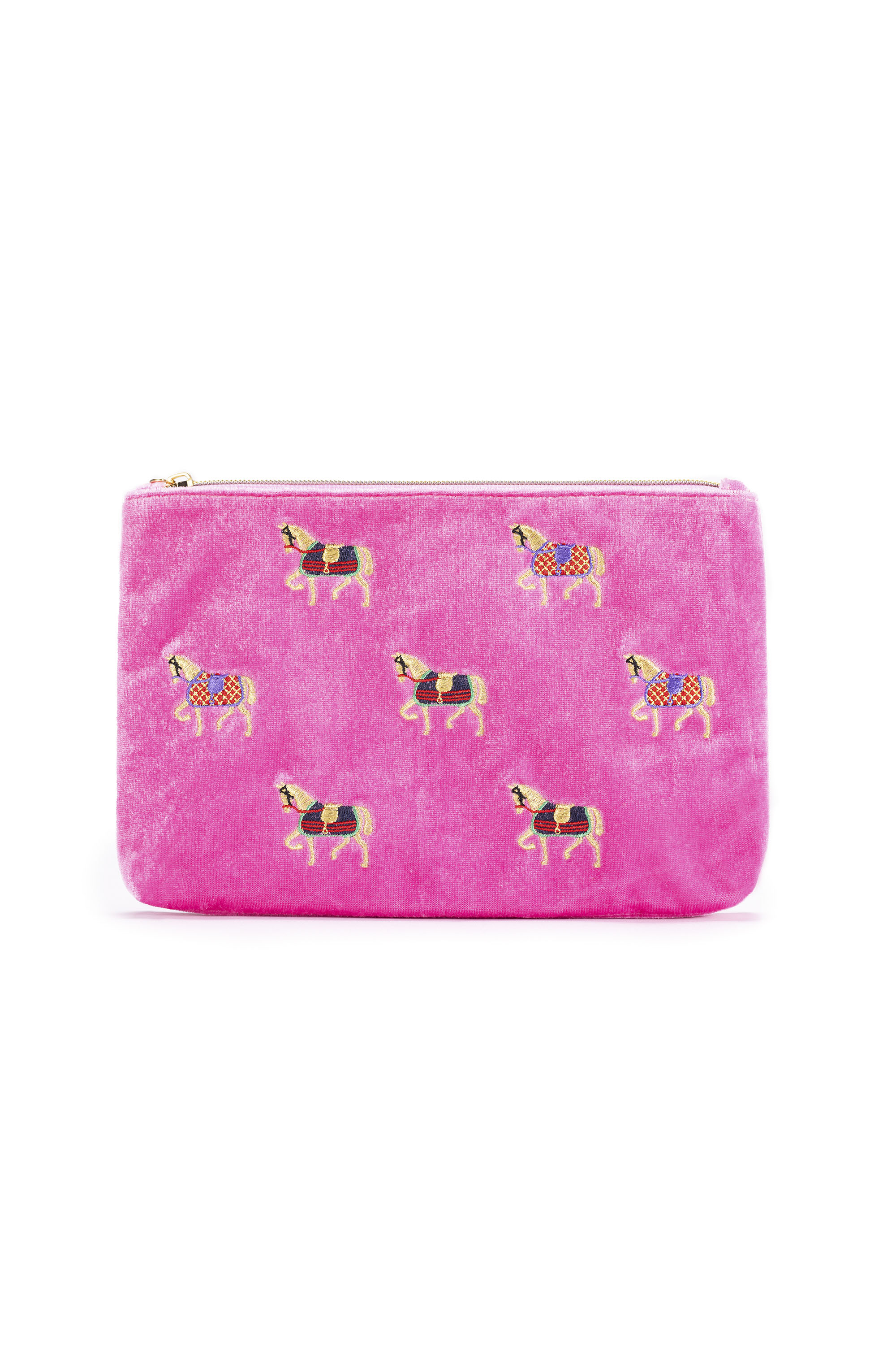 Velvet Embroidered Pouch - Horses in Blankets