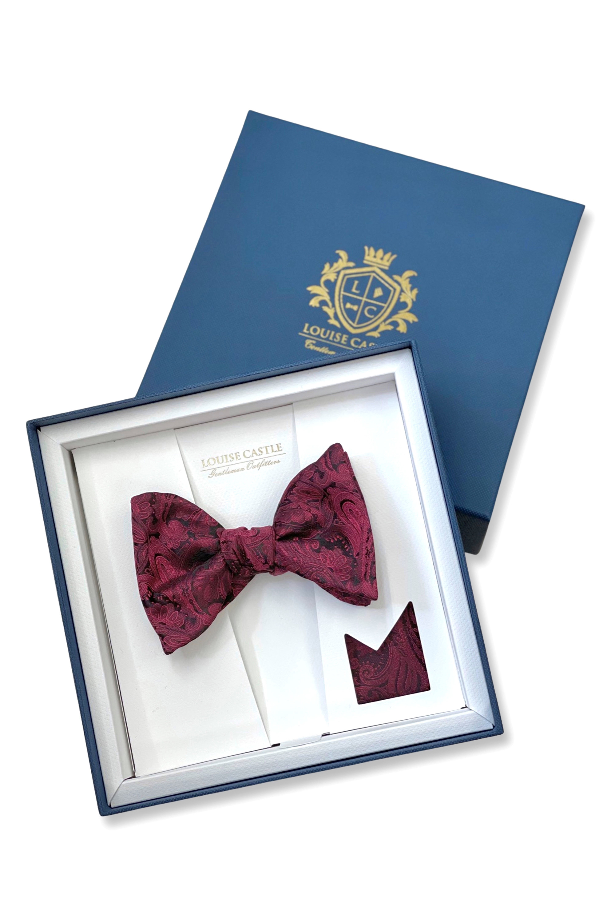 Gentleman Deluxe Bow Tie Set (With pocket square) -  Paisley Red Wine Bow Tie