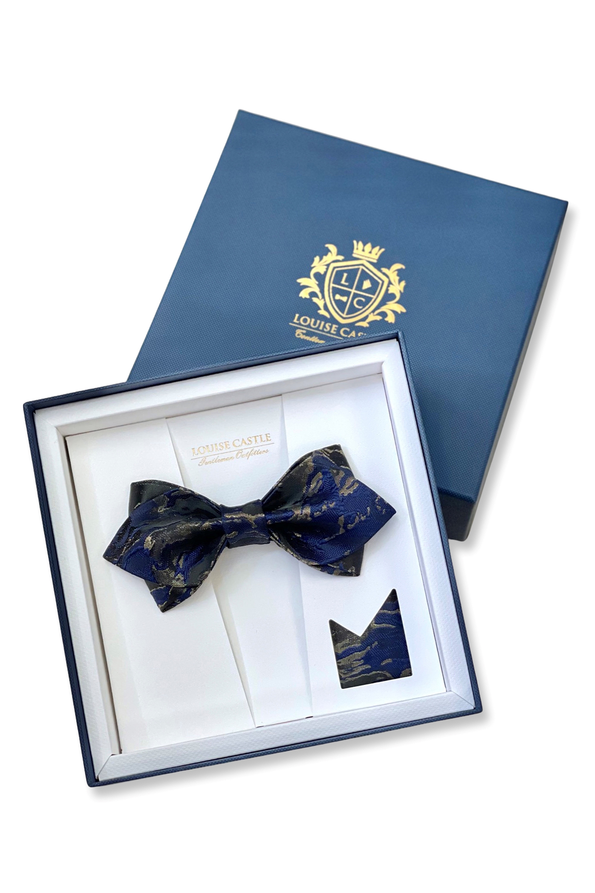 Gentleman Deluxe Bow Tie Set (With pocket square) -  Shining River Navy Pointed Bow Tie